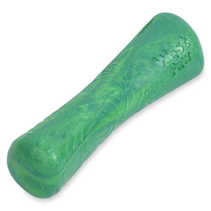 The Fetch and Chew Drifty™ Dog Toy by West Paw is a small, green, textured bone-shaped toy for moderate chewers, featuring wavy patterns and embossed branding. It is crafted from recycled ocean-bound plastic.