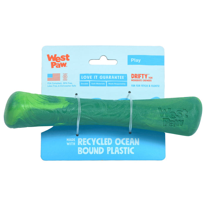 Introducing the Fetch and Chew Drifty™ by West Paw, an eco-friendly dog toy crafted from ocean-bound recycled plastic. Ideal for moderate chewers, this floating marvel comes with a Love It Guarantee in blue packaging, highlighting its safety and sustainability focus.