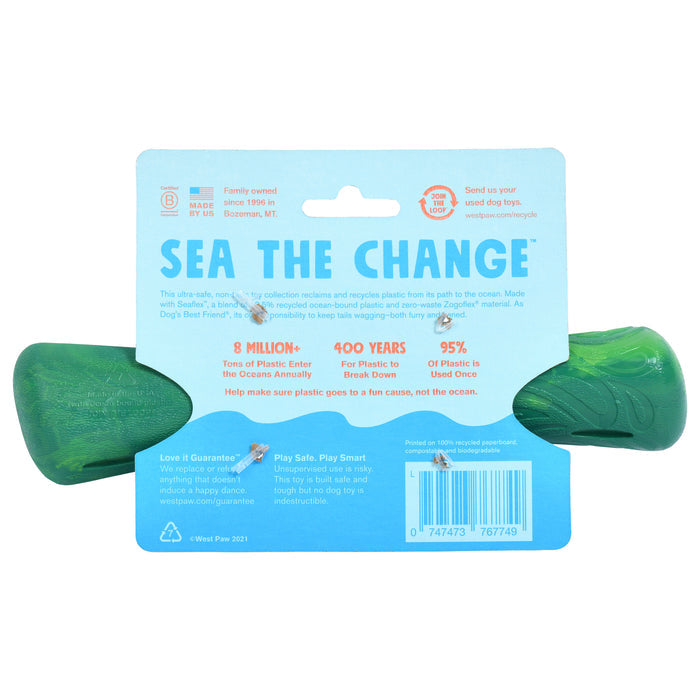 The Fetch and Chew Drifty™ Dog Toy by West Paw features a blue backing with green toys for moderate chewers, crafted from ocean-bound recycled plastic. It highlights alarming ocean pollution statistics while promoting eco-friendly, USA-made products.