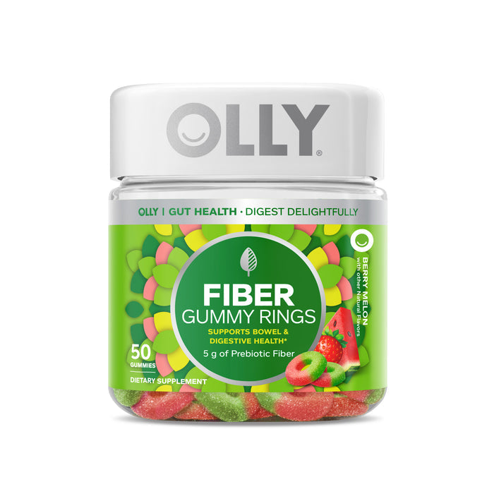 OLLY Fiber Gummy Rings offer a Berry Tangy flavor with vibrant rings. The label highlights 5g of prebiotic fiber per serving, supporting digestive health. Each dietary supplement jar includes 50 delicious gummies promoting bowel and digestive well-being.
