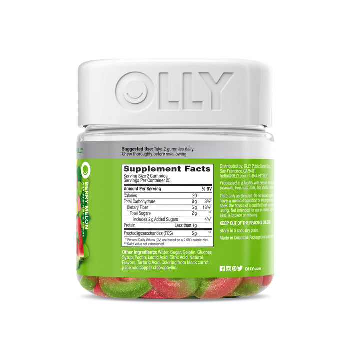 A transparent jar of OLLY Fiber Gummy Rings with a white lid and green label displaying supplement facts. Inside are red and green gummies, rich in prebiotic fiber, crafted to promote digestive health.