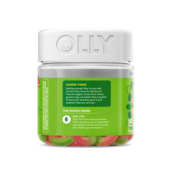A jar of OLLY Fiber Gummy Rings with a clear section displaying green and red gummies inside. The label highlights prebiotic fibers digestive health benefits, and the white lid features the OLLY logo, showcasing these tasty gummies.