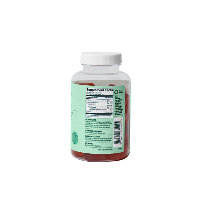The Fiber Gummy by Hilma has a green label showing supplement facts and ingredients, with a white cap. It contains gummy vitamins promoting gut health and features a recycling symbol underlining its eco-friendly design.