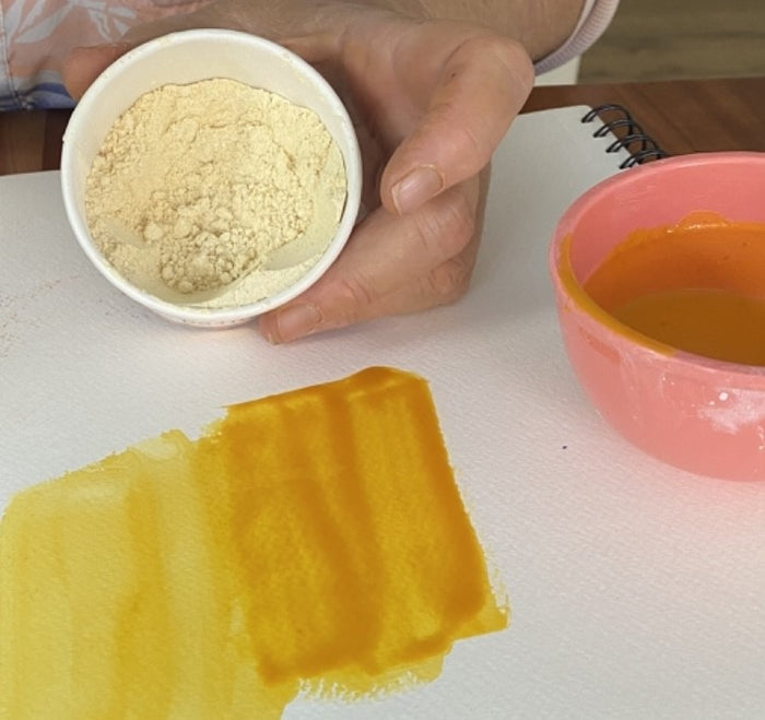 A person holds a small eco-kids Finger Paint Set container of all-natural, beige powder above a sheet with finger paints. Nearby, a pink bowl is filled with food-safe yellow liquid while a notebook peeks from the background.