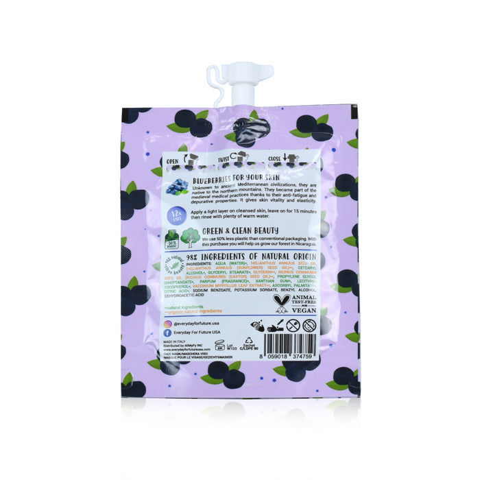 The back of the Everyday For Futures Face Mask - Berrylicious pouch showcases a blueberry print on light purple, highlighting its antioxidant benefits. Its clearly marked with vegan and cruelty-free icons, and is topped with a white cap.