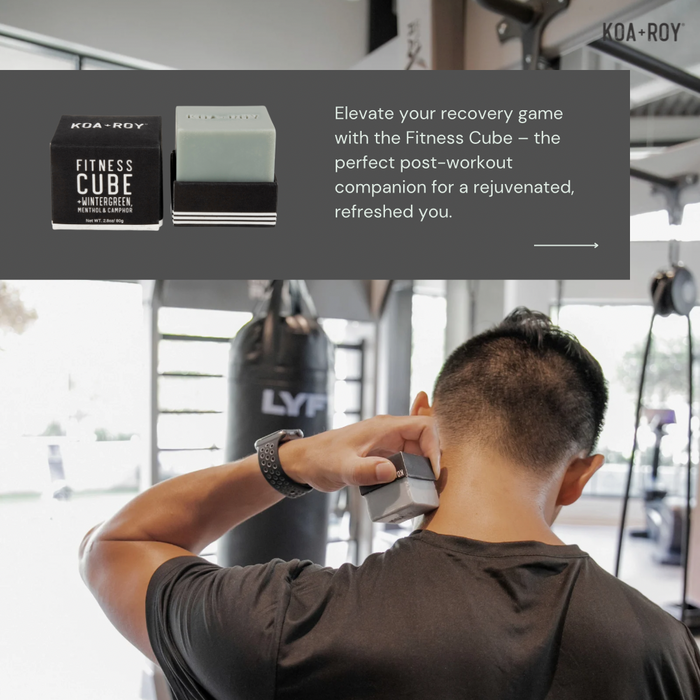 A man applies KOA + ROY’s Fitness Cube to his neck at the gym. An inset highlights the plant-based Fitness Cube as a post-workout recovery companion for muscle relief and a refreshed feeling.