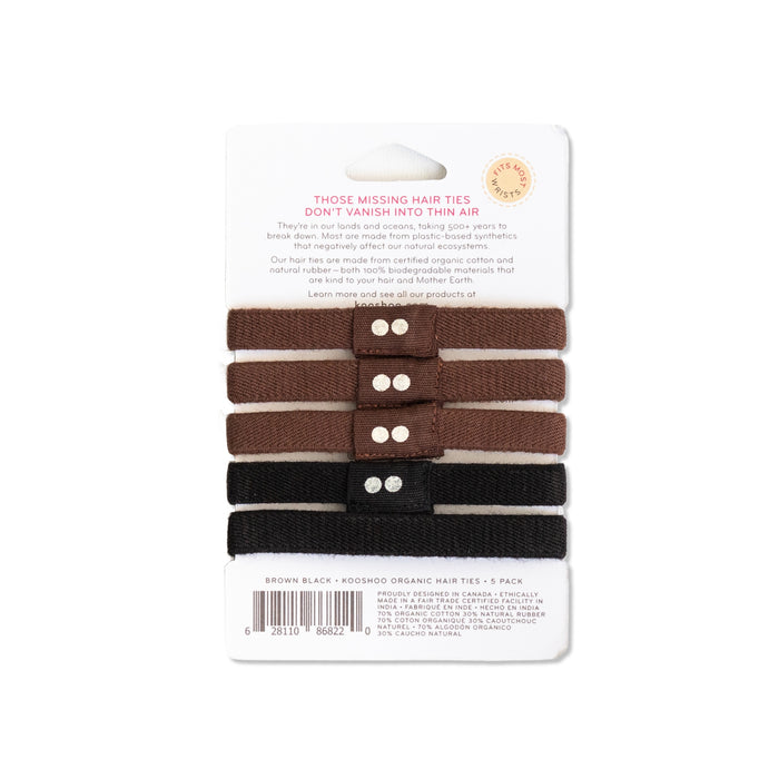 KOOSHOO Organic Hair Ties pack contains five natural elastics in brown and black with two metal studs each, perfect for sustainable fashion enthusiasts. The packaging is white with brown text detailing product benefits.