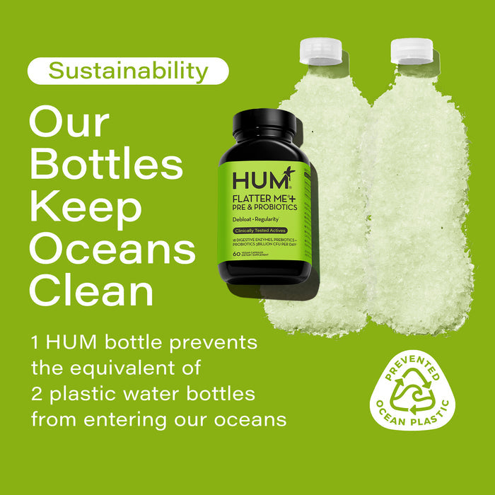 Green background with text: "Sustainability: Our Bottles Keep Oceans Clean." Image of a HUM supplement bottle next to two plastic water bottles made of recycled material. Logo reads "Prevented Ocean Plastic.