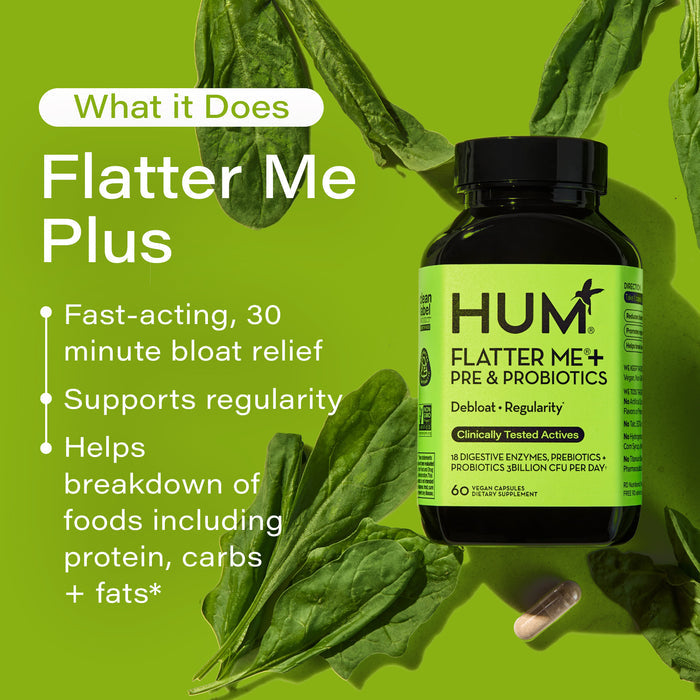 A green bottle of HUM Flatter Me Plus supplements is placed on a green background with spinach leaves. Text highlights benefits: "Fast-acting, 30-minute bloat relief," "Supports regularity," and "Helps breakdown of foods including protein, carbs + fats.