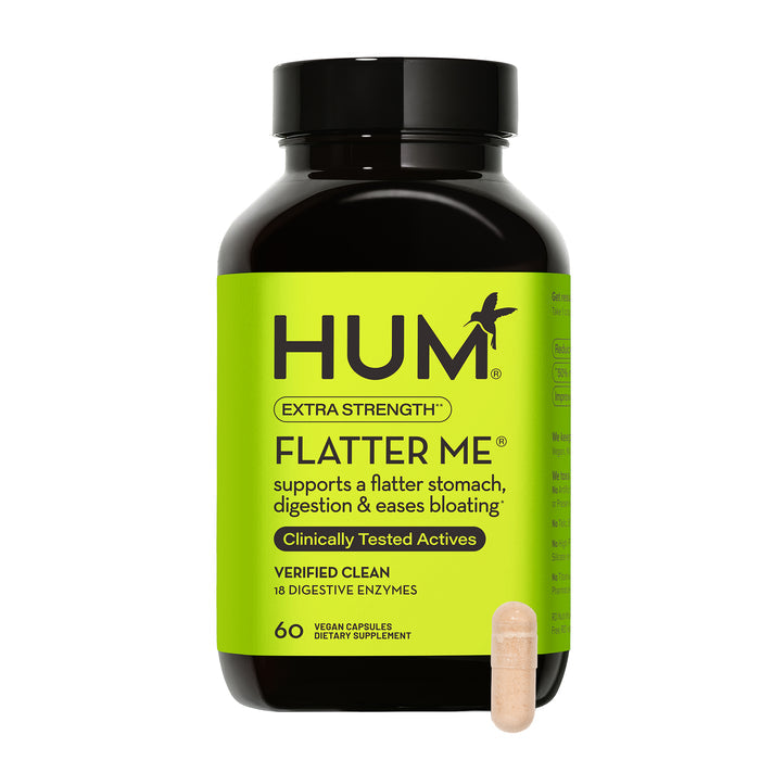 HUM Nutritions Flatter Me Extra Strength offers 60 vegan capsules with clinically tested actives and digestive enzymes to support a flatter stomach and ease bloating.
