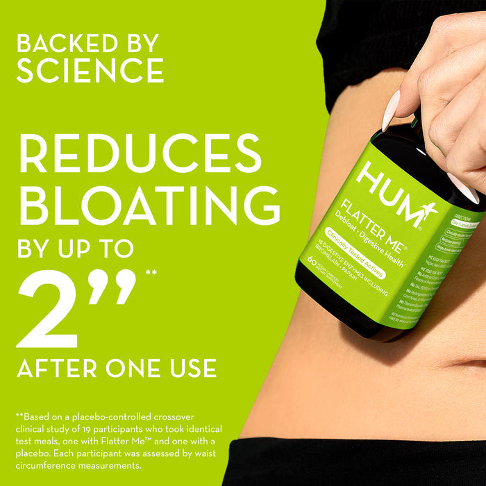 A hand holds a bottle of HUM Flatter Me dietary supplement against a bare midriff. The text reads, "Backed by Science. Reduces Bloating by up to 2 inches after one use." Note about a clinical study and measurements is included at the bottom.