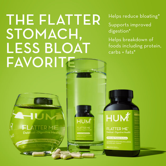 Image for "HUM Flatter Me" digestive health supplements. Three bottles of the product are displayed with a glass of water and capsules. Text reads: "The Flatter Stomach, Less Bloat Favorite", lists benefits including reducing bloating/ improving digestion