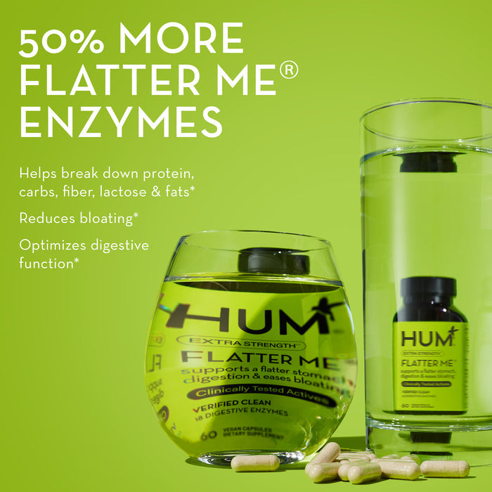 A green image for HUM's Flatter Me® enzymes. The image shows a large jar and a tall glass of water containing Flatter Me® bottles. Key benefits listed include breaking down protein, carbs, fiber, lactose, reducing bloating, optimizing digestive function.