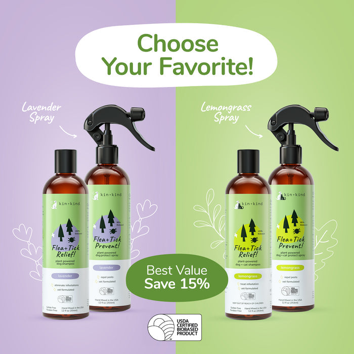 A promo image shows two kin+kind flea and tick relief sprays with essential oils: lavender on the left, lemongrass on the right. Text reads “Choose Your Favorite! Best Value Save 15%.” USDA Certified Biobased Product logo included.
