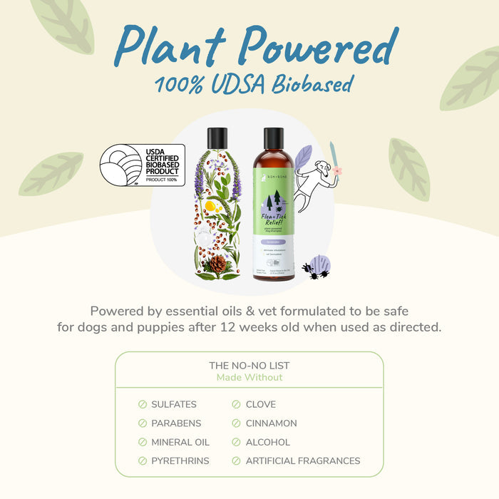 Two bottles of kin+kinds Flea+Tick Relief Dog Shampoo, a USDA Certified Biobased Product, are featured. Safe for dogs over 12 weeks old, the image emphasizes the absence of harmful substances and highlights its essential oils infusion.