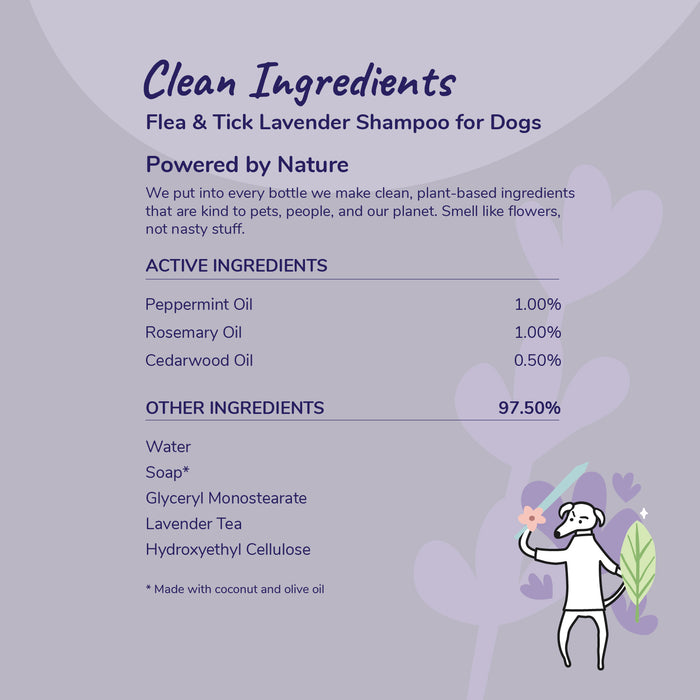 Label for kin+kinds Flea+Tick Relief Dog Shampoo, a leading dog grooming product. Contains natural essential oils such as peppermint, rosemary, and cedarwood. Includes additional ingredients and a soap disclaimer. Right-side image shows a dog with leaves.