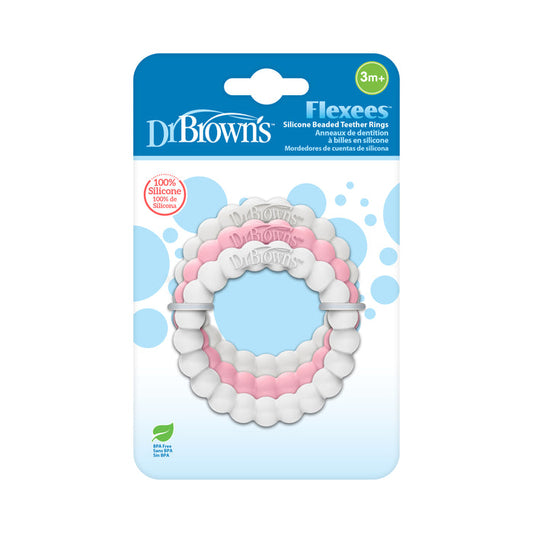 Dr. Browns packaging for the Fleexees Easy to Hold 100% Silicone Beaded Teether Rings displays the pink and white beaded teether, suitable for ages 3 months and up, emphasizing its BPA-free, pure silicone composition.