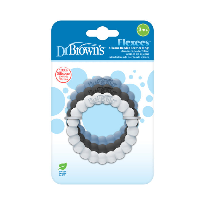 Dr. Browns Fleexees packaging shows two gray and white beaded teething rings for ages 3 months+, with 100% Silicone and BPA Free labels on a bubble-adorned blue background, highlighting the product as a safe, soothing toy.
