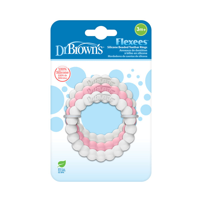 Dr. Browns Fleexees Easy to Hold 100% Silicone Beaded Teether Rings feature a pink and white beaded design suitable for ages 3 months and up. Made from BPA-free silicone, this teething toy provides safe comfort for soothing needs.