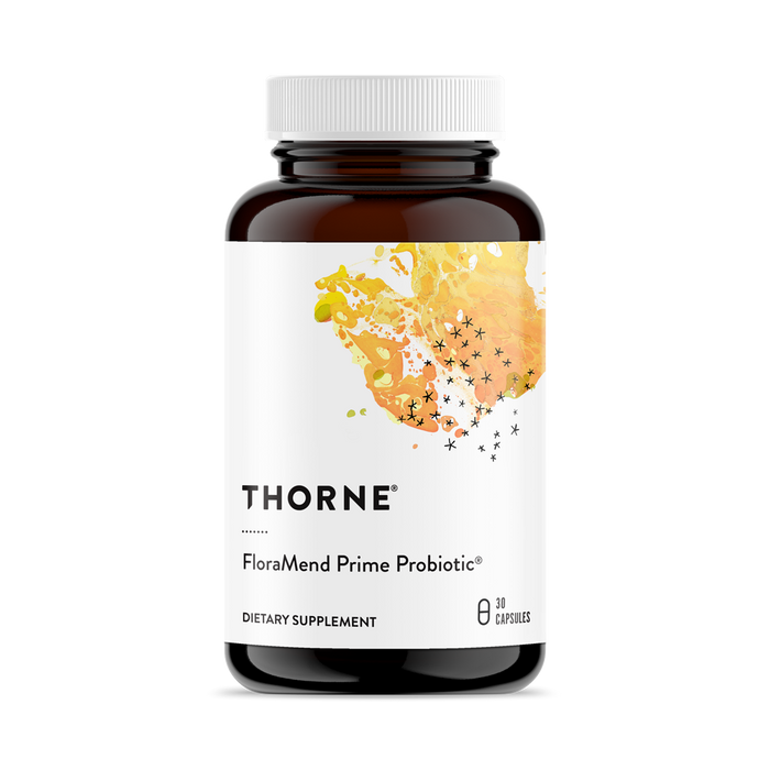 The Thorne FloraMend Prime Probiotic® for gut health includes 30 capsules, features a white label with abstract yellow and orange artwork, and prominently displays the brand name.