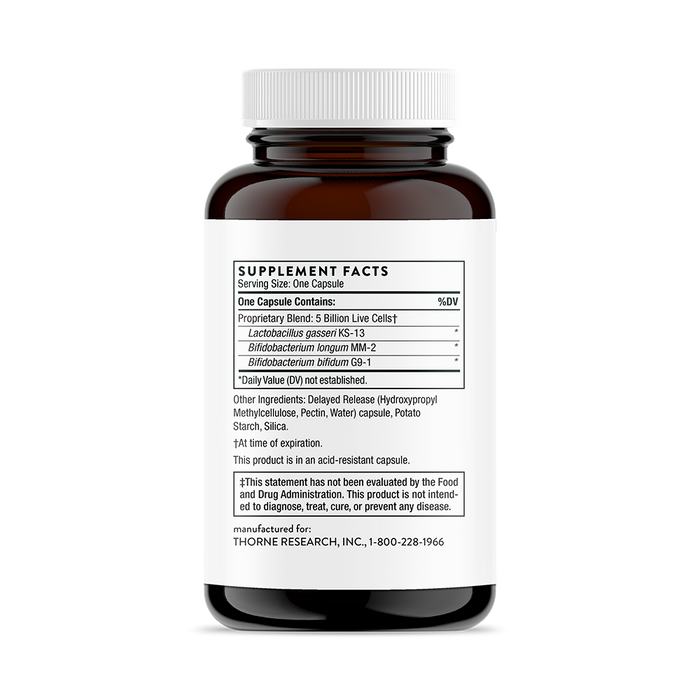 The label on Thornes FloraMend Prime Probiotic® dietary supplement showcases probiotics like Lactobacillus strains and Bifidobacterium bifidum for gut health, with cellulose, potato starch, and silica. An FDA evaluation note is included at the bottom.