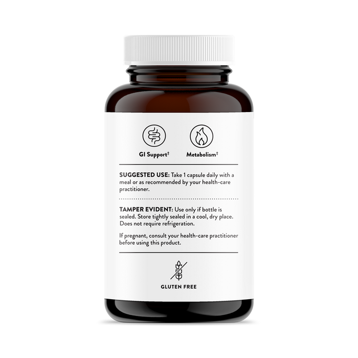 A brown bottle of Thornes FloraMend Prime Probiotic® has a white label with icons for GI Support and Metabolism. It highlights probiotics for gut health, includes usage instructions, a tamper-evident note, and is labeled gluten-free.