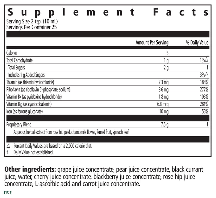 The Floravital® Iron & Herbs Yeast-Free Supplement Facts label by Floradix details a 10 mL serving, highlighting calories, total carbs with sugars, B Vitamins, a proprietary plant extract blend, and juices like grape, cherry, and rose hip. Its gluten-free for added peace of mind.