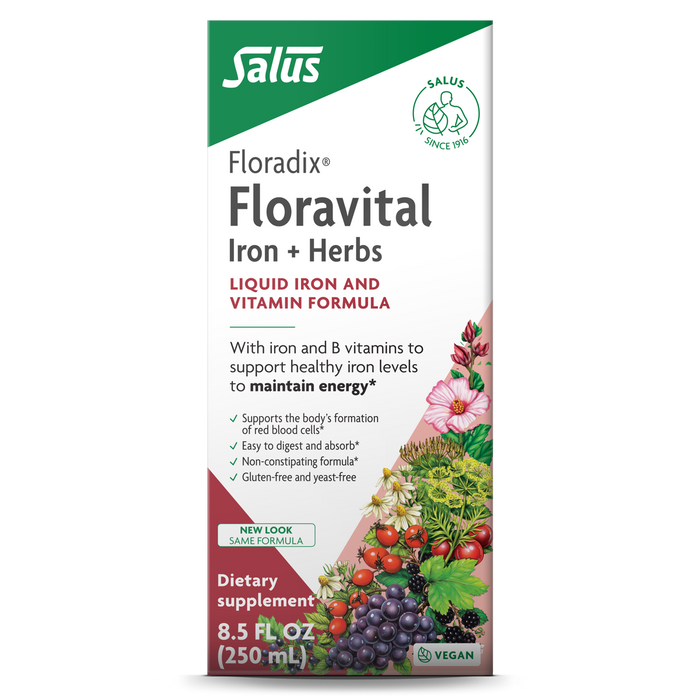 The image shows a box of Floradix Floravital® Iron & Herbs Yeast-Free, an iron and herbs liquid supplement. The 8.5 fl oz (250 mL) packaging highlights energy support, blood cell health, and is gluten-free with B Vitamins.