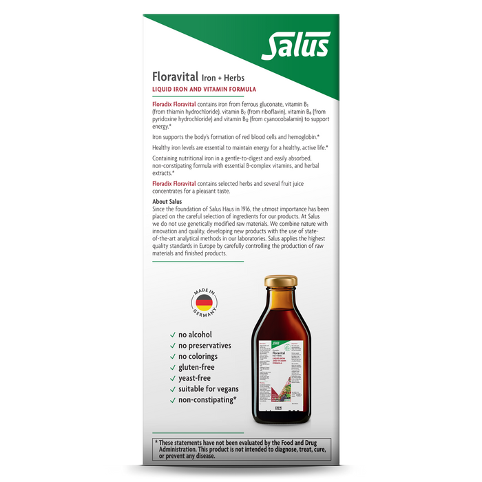 Image of Floradixs Floravital® Iron & Herbs Yeast-Free supplement box showcasing its gluten-free and B Vitamin-enriched benefits, featuring a glass bottle with the liquid iron supplement prominently on the packaging front.