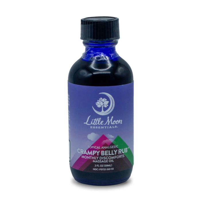 A 2 fl oz bottle of Little Moon Essentials Flow Your Own Way massage oil offers soothing monthly relief with essential oils. It features a purple label with white text and a flower logo, and has a black cap for secure closure.