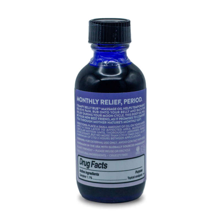Little Moon Essentials Flow Your Own Way is a blue bottle of soothing massage oil for menstrual pain relief. It features essential oils, a descriptive white label with drug facts and ingredients, and is finished with a sleek black cap.