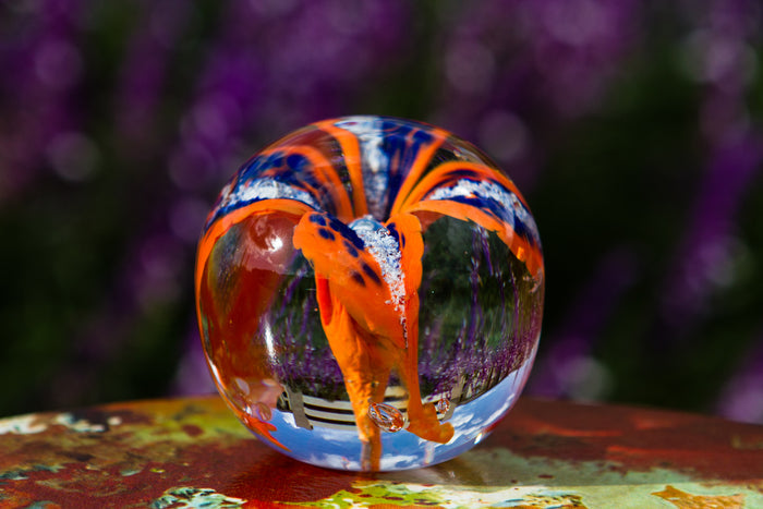 Glass flower paperweight with cremains encased in orange petals inside a clear orb on a colorful surface