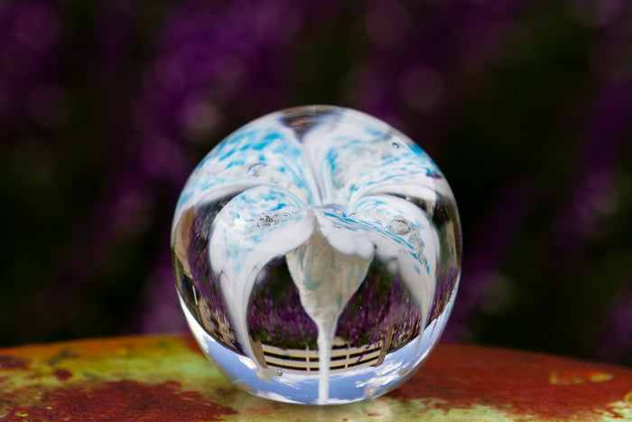 Glass flower paperweight with cremains inside blue and white petals inside a clear orb on a patterned surface