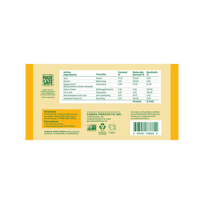 The Caboo Flushable Wipes label has a green and yellow design with sustainable bamboo elements. It lists active ingredients, their functions and content percentages, specifying natural or synthetic origins. Directions, company info, and certification logos are also included.