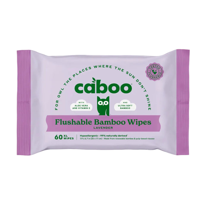 A pack of Caboo Flushable Wipes, with purple and green packaging featuring an owl logo, contains 60 XL hypoallergenic wipes made with natural ingredients in lavender scent. Septic safe.