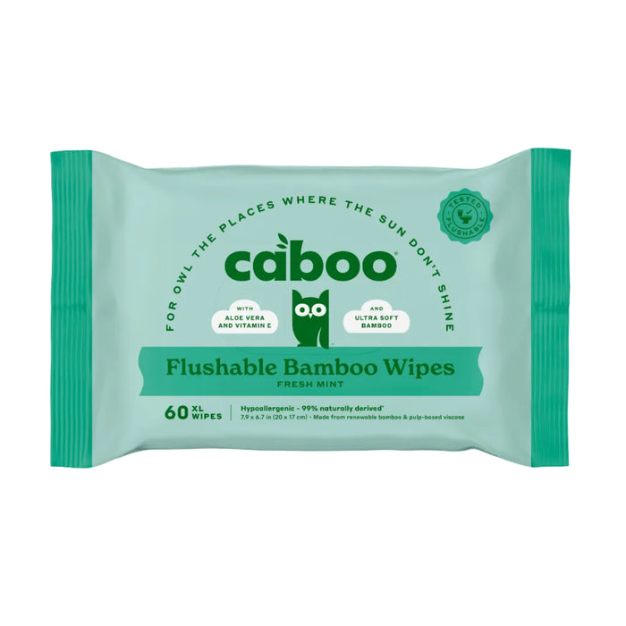 A green pack of Caboo Flushable Wipes with an illustrated owl, featuring 60 XL hypoallergenic wipes made with fresh mint, aloe vera, vitamin E, and 99% naturally derived ingredients.