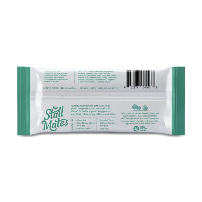Stall Mates Flushable Wipes come in a green and white package with the barcode and recycling symbol. They feature Hydraspun Dispersible technology, are hypoallergenic, sustainably produced, eco-friendly, and safe for sensitive skin.