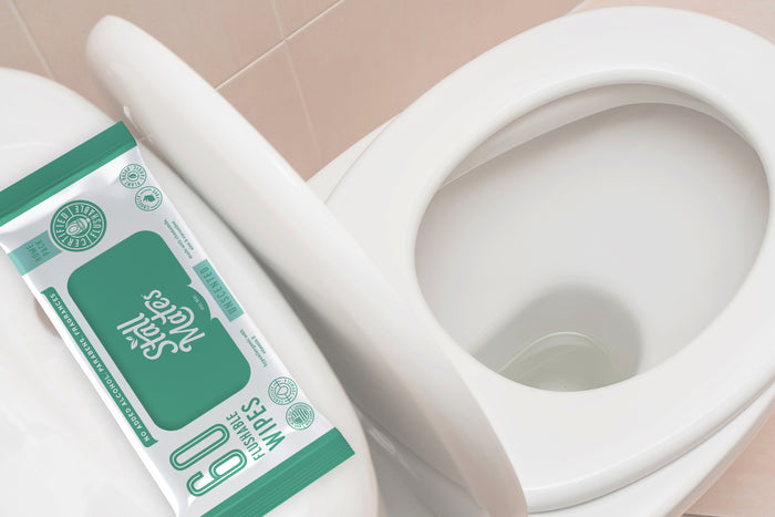 A 60-pack of Stall Mates Flushable Wipes in green packaging, featuring Hydraspun Dispersible technology, is displayed on a white toilet lid against a light tile wall backdrop—ideal for your hypoallergenic space.
