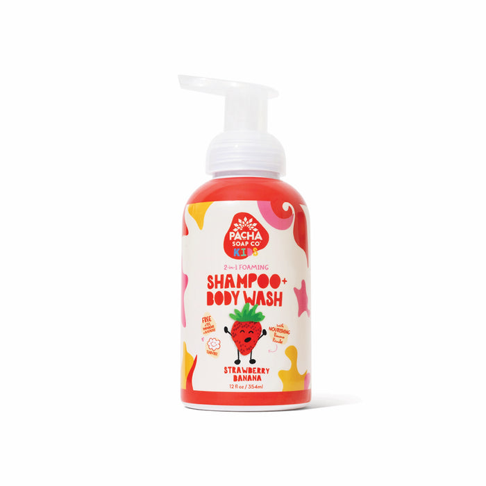 A bottle of Pacha Soap Co. Foaming 2-in-1 Shampoo and Body Wash for kids in Strawberry Banana scent, with a pump dispenser and a label featuring colorful cartoon fruit designs.