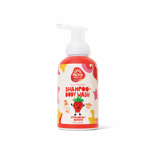 A bottle of Pacha Soap Co. Foaming 2-in-1 Shampoo and Body Wash for kids in Strawberry Banana scent, with a pump dispenser and a label featuring colorful cartoon fruit designs.