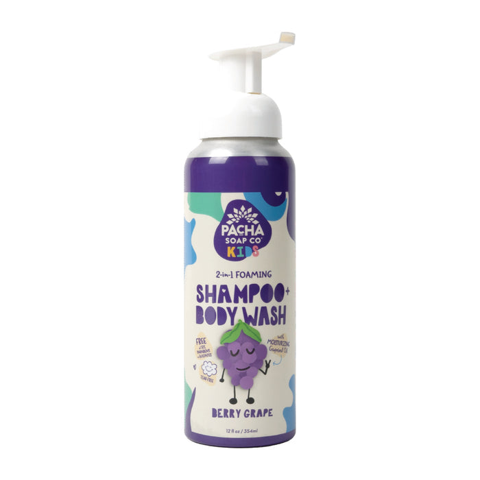 A bottle of Pacha Soap Co. Foaming 2-in-1 Shampoo and Body Wash in Berry Grape scent features a fun design with cartoon grapes in sunglasses on a purple and white bottle. It provides a gentle bath experience with non-toxic ingredients and comes with a handy pump dispenser.