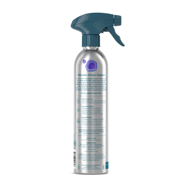Image of a recyclable silver aluminum Grove Co. spray bottle with a blue nozzle, featuring a label that describes its use as Foaming Bathroom Cleaner with a multi-purpose formula.