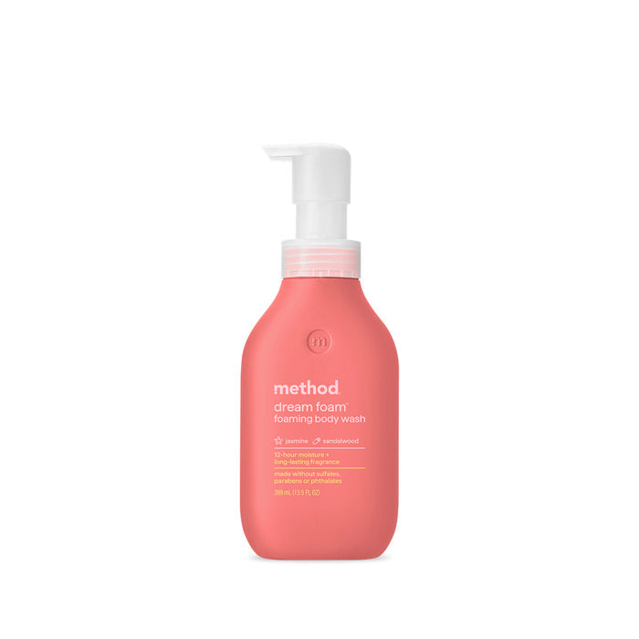 The method Foaming Body Wash features a pink bottle with a white pump and holds 300 ml (10.15 fl oz). It offers a dreamy jasmine and sandalwood scent, has a cruelty-free formula, and comes in eco-friendly recycled plastic packaging with a minimalist label featuring white text.