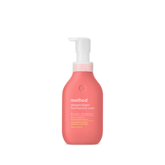 The method Foaming Body Wash features a pink bottle with a white pump and holds 300 ml (10.15 fl oz). It offers a dreamy jasmine and sandalwood scent, has a cruelty-free formula, and comes in eco-friendly recycled plastic packaging with a minimalist label featuring white text.