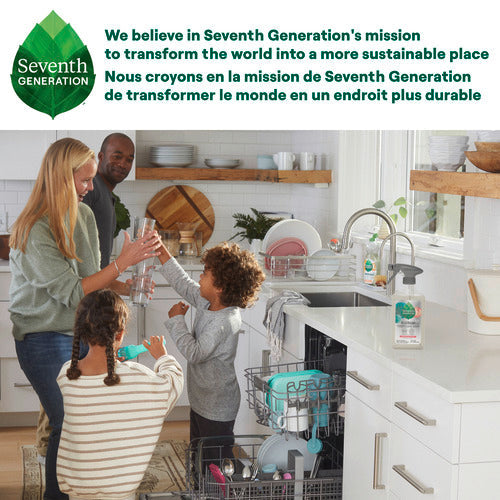 A family of four uses Seventh Generation Foaming Dish Spray in a bright kitchen. The logo and sustainability mission appear above, emphasizing powerful grease removal for cleaner dishes. Text is shown in both English and French.