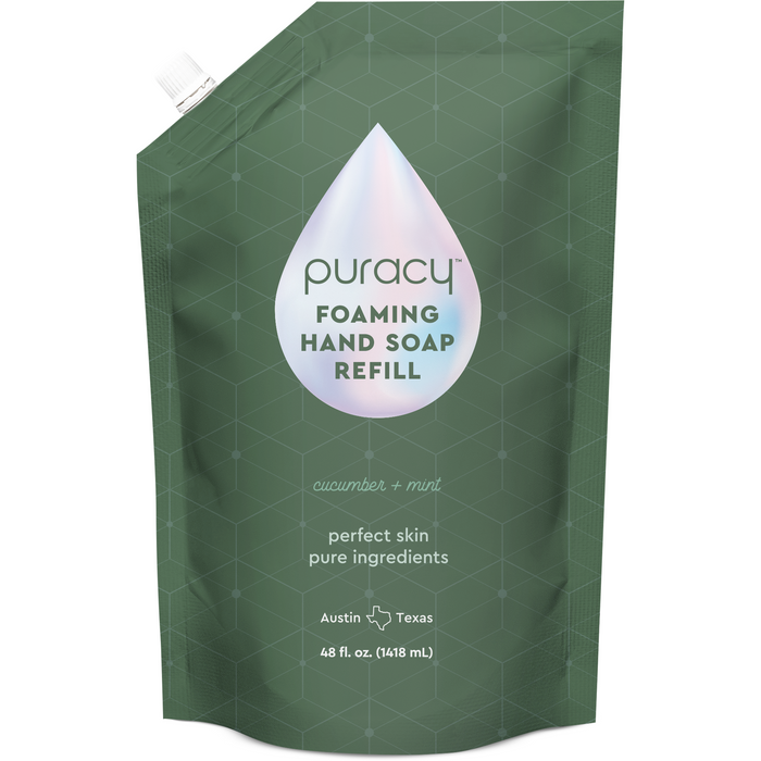 Cucumber Mint-scented Puracy Foaming Hand Soap refill, made from plant-based ingredients for an eco-friendly option, in a green pouch.