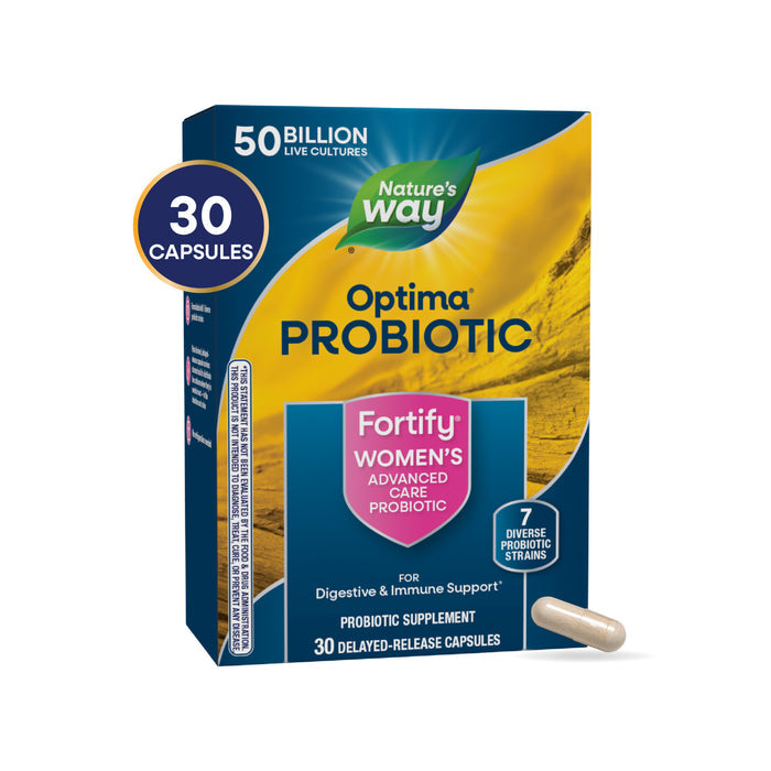 A box of Natures Way Fortify® Optima® Womens 50 Billion Probiotic with 30 capsules, containing 50 billion live cultures and 7 strains for digestive and immune support. One womens probiotic capsule is shown next to the box.