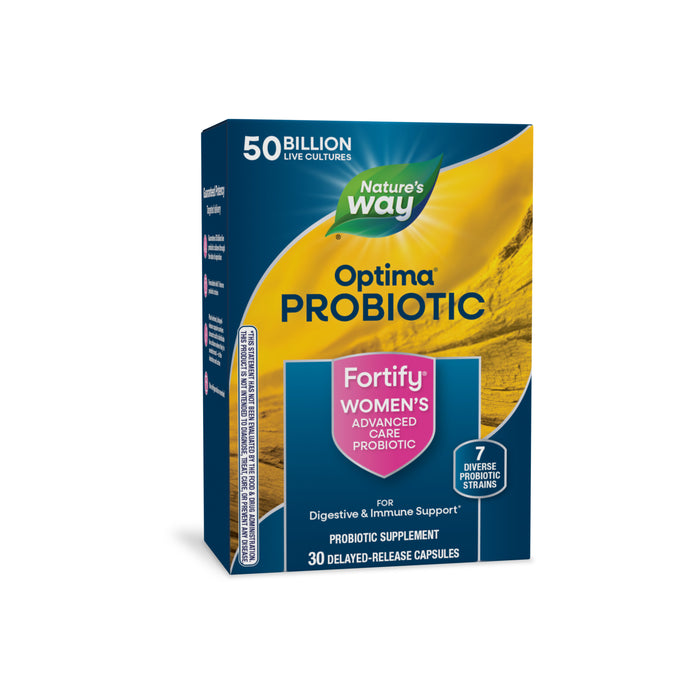 A box of Natures Way Fortify® Optima® Womens 50 Billion Probiotic offers 30 delayed-release capsules with 50 billion live cultures and 7 strains for womens digestive and immune support.