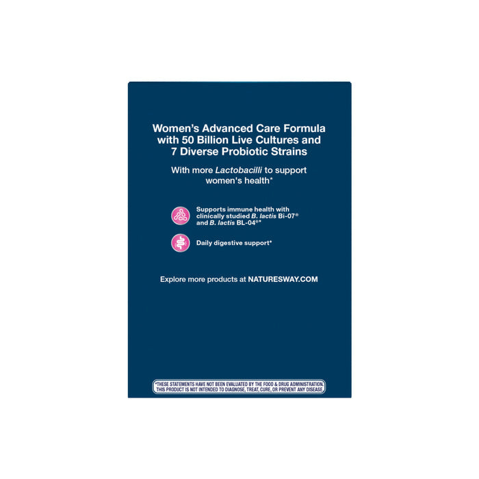 A product info card for Natures Way Fortify® Optima® Women’s 50 Billion Probiotic highlights 50B live cultures, 7 strains, digestive and immune health benefits, plus a website link. Text and icons pop on a dark blue background.