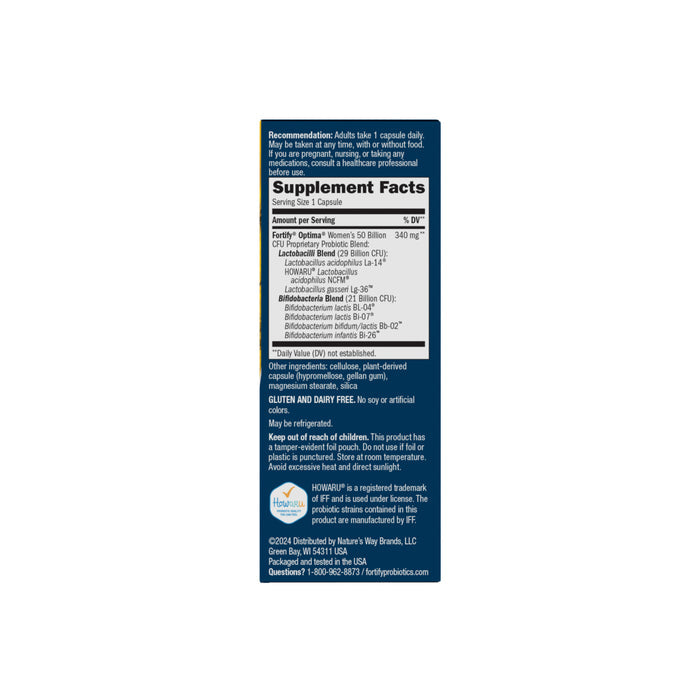 Supplement facts label for Nature’s Way Fortify® Optima® Womens 50 Billion Probiotic lists ingredients, daily values, usage directions, allergy info (gluten & dairy free), manufacturer contact, pregnancy caution. Supports digestive health.